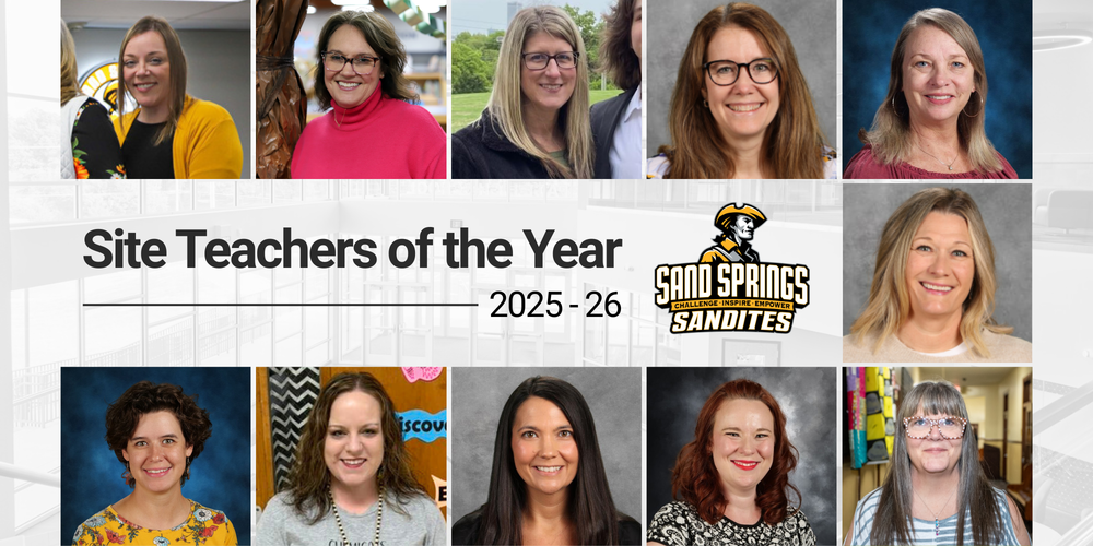 Photos of Sand Springs teachers. Text reads: Site Teachers of the Year 2025-26. Sand Springs Sandites logo.