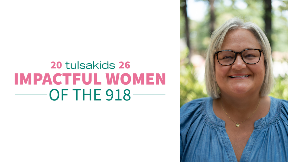 Graphic titled "20 tulsakids 26 Impactful Women of the 918" featuring a portrait of a smiling woman with short silver hair, glasses, and a blue shirt.