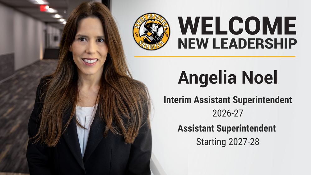 Portrait of Angelia Noel alongside text announcing her new leadership roles with Sand Springs Sandites: Interim Assistant Superintendent for 2026-27 and Assistant Superintendent starting 2027-28.