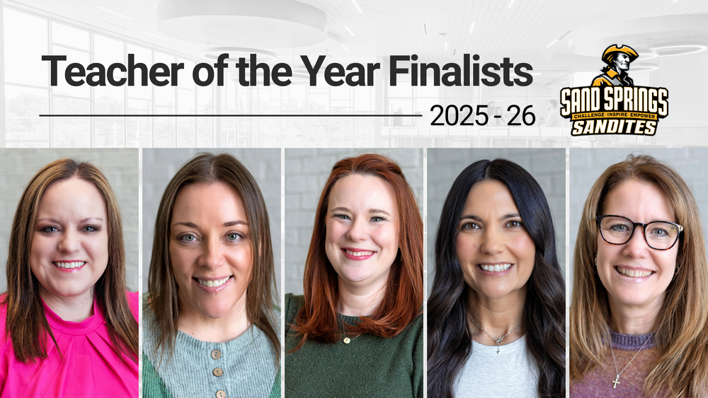 Graphic highlighting Sand Springs Public Schools Teacher of the Year finalists for the 2025–26 school year, featuring five educator headshots.