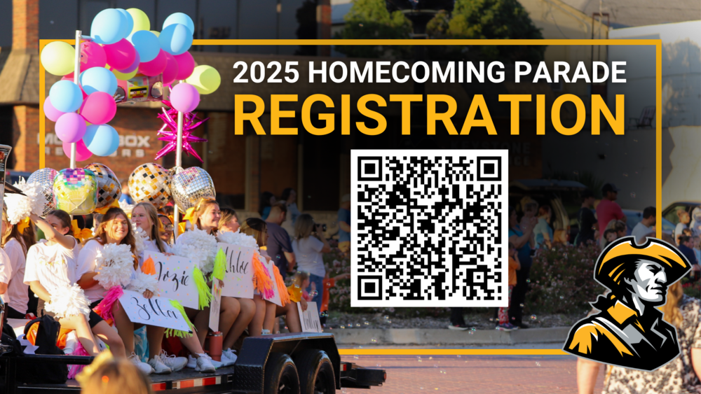 Photo of parade float with students and balloons. Text reading 2025 Homecoming Parade Registration. QR code linking to https://docs.google.com/forms/d/e/1FAIpQLSf5HdymUDUk_Qep2kKVXum0b4PkFFxTA1iFAAAVMepGByPV2Q/viewform