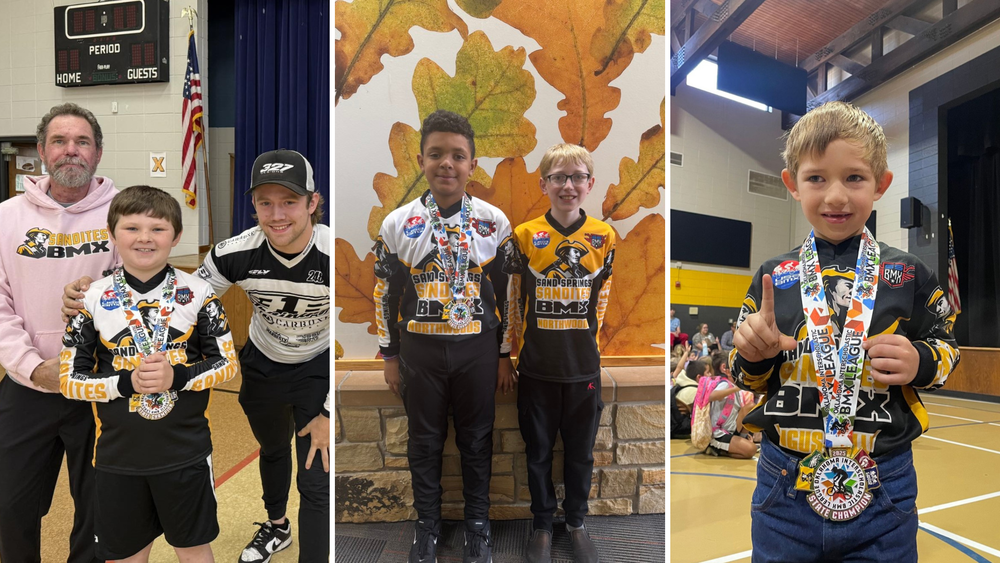 Collage of students in Sandites BMX gear wearing Interscholastic BMX League State Champion medals