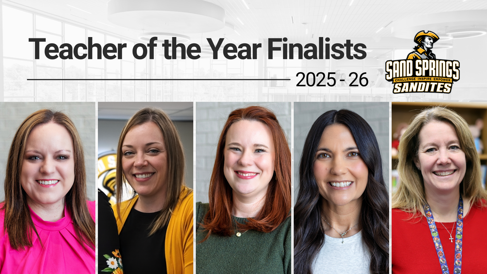 Graphic highlighting Sand Springs Public Schools Teacher of the Year finalists for the 2025–26 school year, featuring five educator headshots.