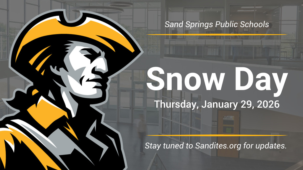 graphic announcing Snow Day for Sand Springs Public Schools on Thursday, January 29, 2026