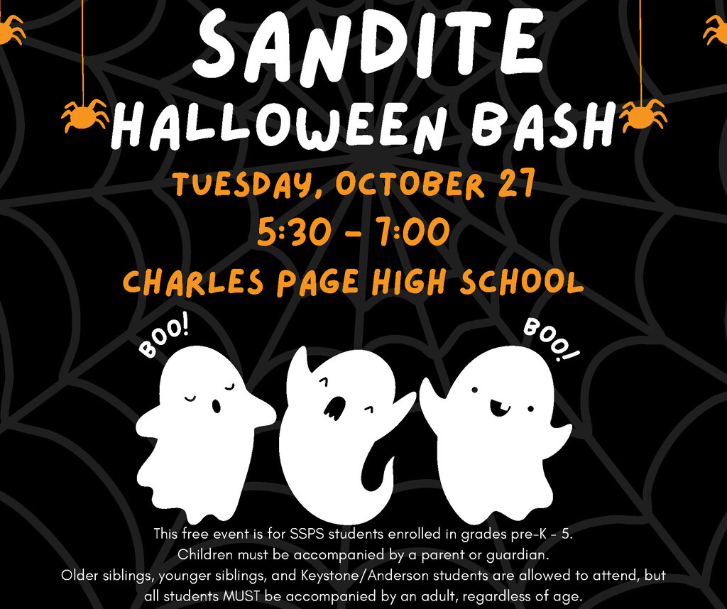 Halloween-themed Monster Ball flyer with a baseball, bat silhouette, candy, and Sand Springs Sandites logo. Location change: relocated to Memorial Stadium, 600 N Adams Rd, Sand Springs, OK 74063. Sandite baseball vs. softball, Thursday, October 26, at 6:30 p.m. Activities include trunk-or-treat, concessions, hayride, costume parade, and more. Entry is $5; ages 2 and under are free. Benefits Sandite Special Olympics.