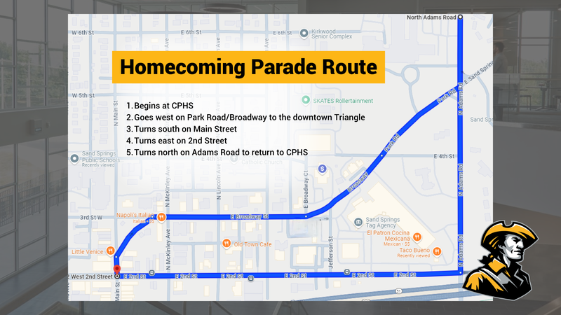 Graphic map displaying the Homecoming Parade Route looping from CPHS through downtown and returning via Adams Road.