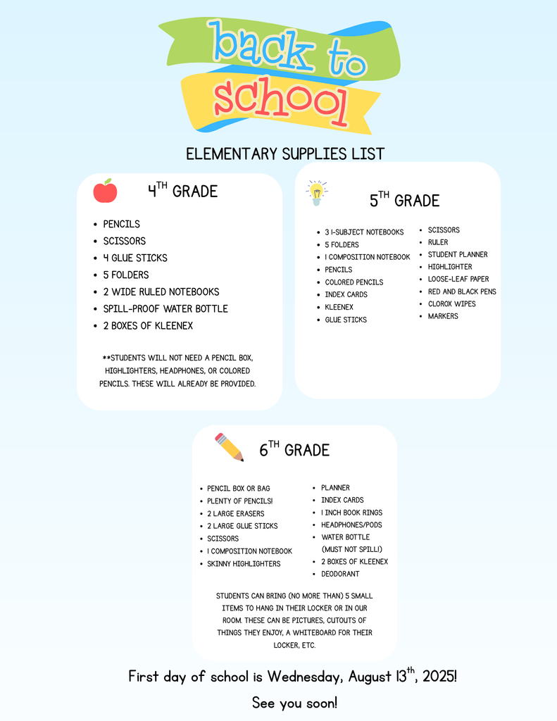 Back to School Supply List 4-6