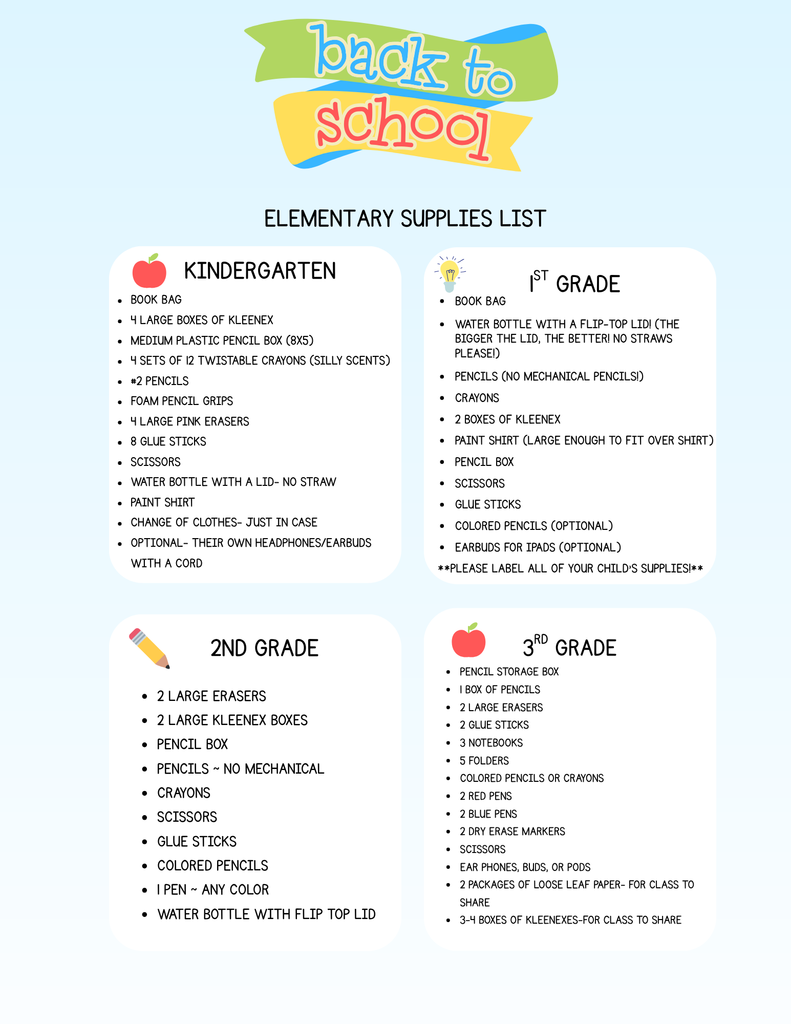 Back to School Supply List K-3