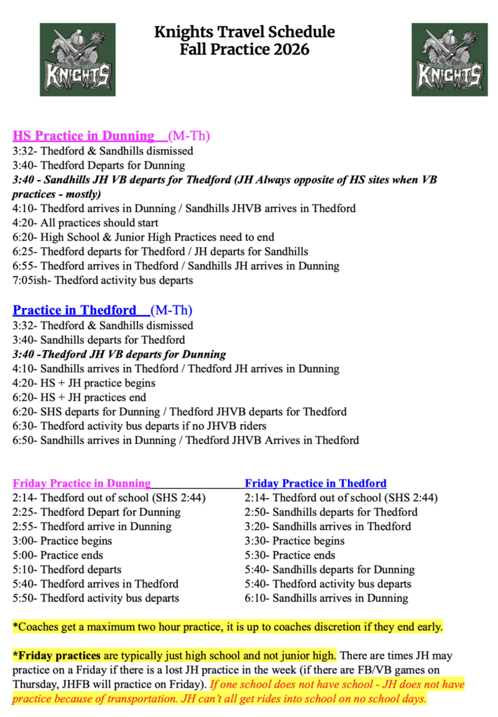 Practice Travel Schedule