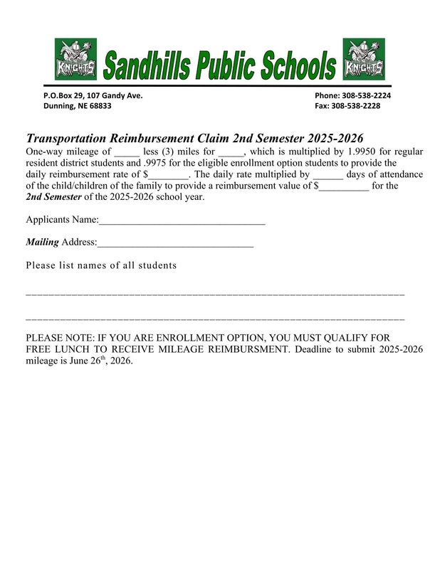Transportation Reimbursement Form 2nd Semester