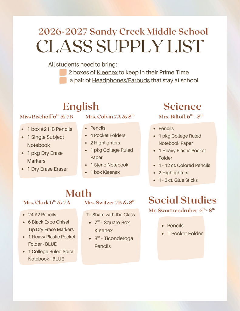 Middle School Supply List