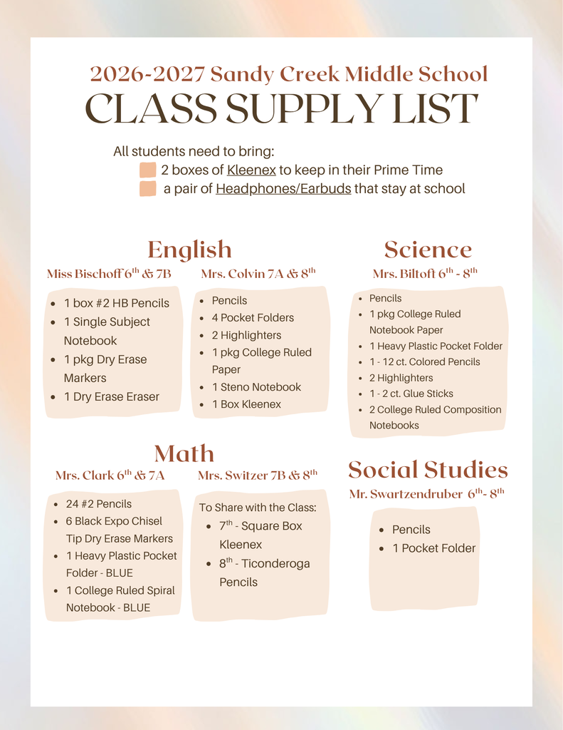 Middle School Supply List