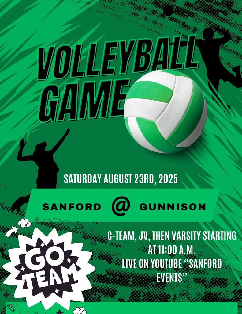 Mustang Volleyball @ Gunnison Saturday, August 23rd, 2025 C-team, JV, then varsity starting at 11:00 a.m. Live on YouTube "Sanford Events" Go Mustangs!
