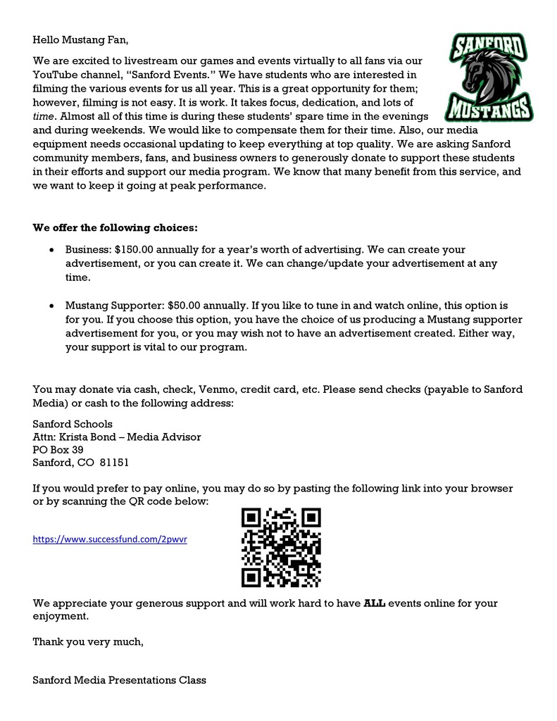 *Attention Mustang Fans* Support our YouTube channel "Sanford Events" by donating today.   $50.00 Mustang Supporter Advertisement $150.00 Business Supporter Advertisement  Go BIG Green!
