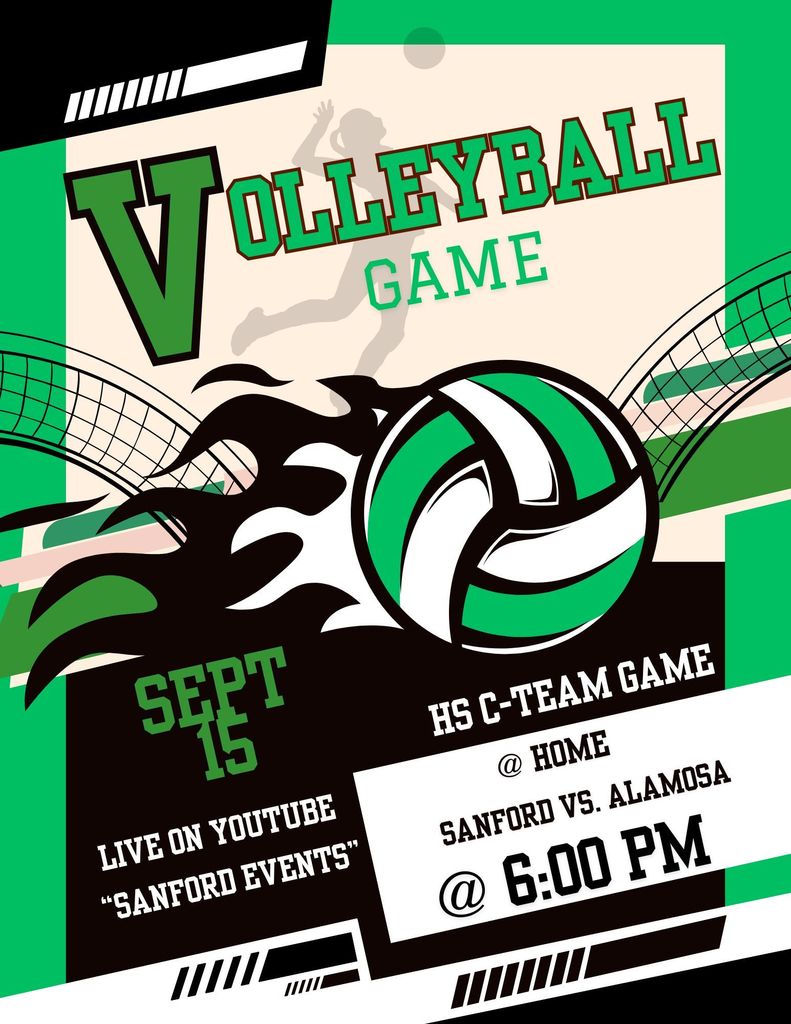 HS C-team Volleyball Game Sanford vs. Alamosa Monday, 9/15/25 6:00 p.m. Live on YouTube "Sanford Events"