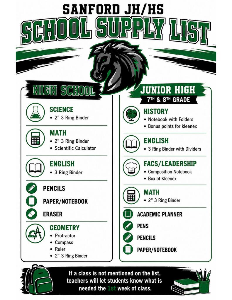 Sanford JH/HS SCHOOL SUPPLY LIST Mustangs logo High School Science 2" 3 Ring Binder Math 2" 3 Ring Binder Scientific Calculator English 3 Ring Binder Pencils Paper/Notebook Eraser Geometry Protractor Compass Ruler 2" 3 Ring Binder Junior High 7th & 8th Grade History Notebook with Folders Bonus points for kleenex English 3 Ring Binder with Dividers FACS/Leadership Composition Notebook Box of Kleenex Math 2" 3 Ring Binder Academic Planner Pens Pencils Paper/Notebook If a class is not mentioned on the list, teachers will let students know what is needed the 1st week of class