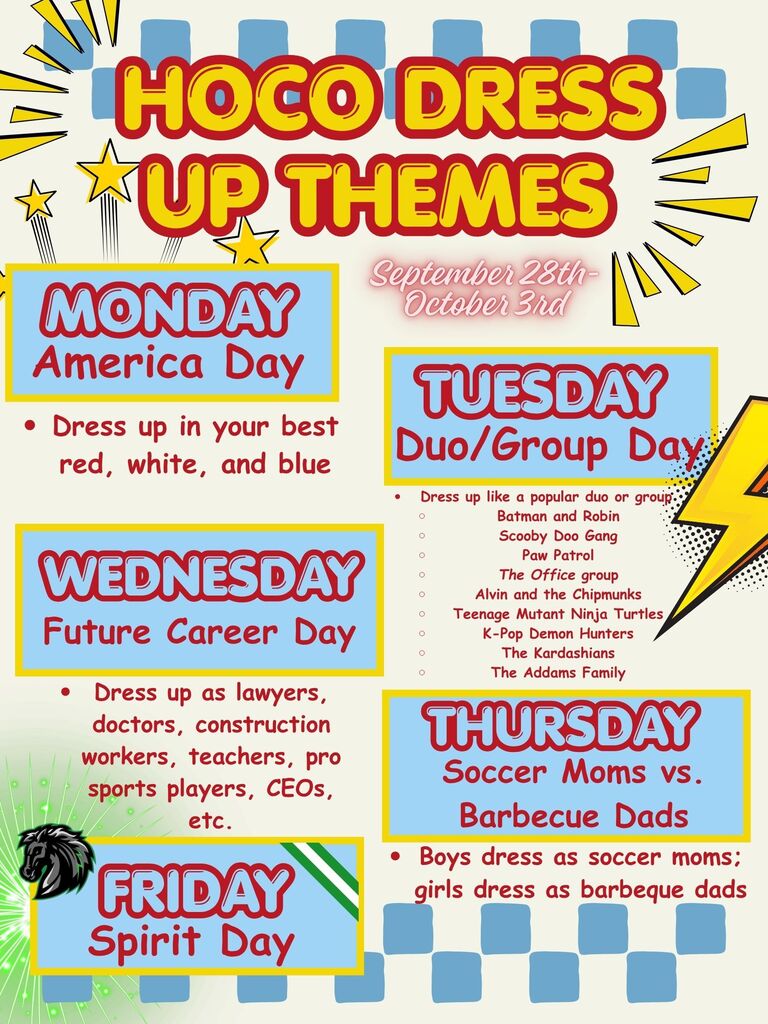 Homecoming 2026 Dress-up Day Themes Let's go Mustangs!