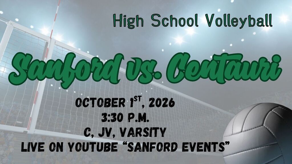 Mustang Volleyball vs. Centauri 10/1/26 3:30 p.m. C, JV, Varsity Live on YouTube "Sanford Events"