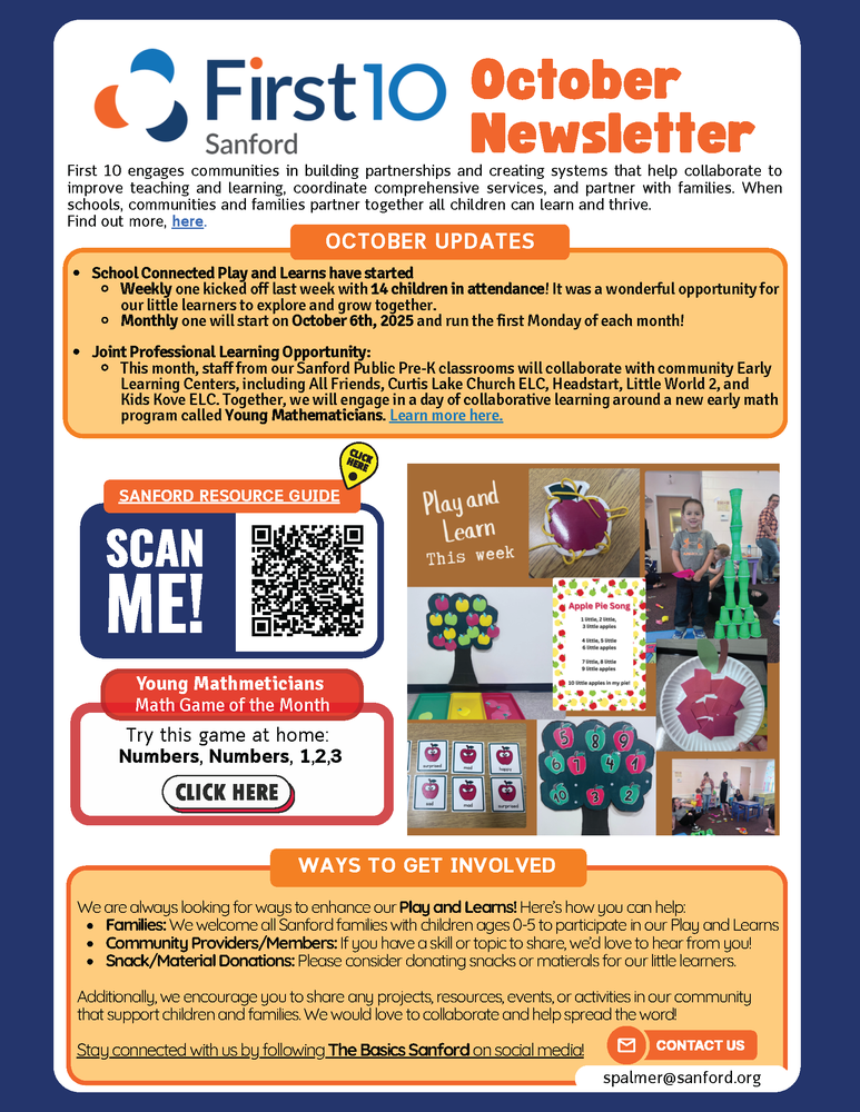 School Connected Play and Learns have started Weekly one kicked offlast week with 14 children in attendance! It was a wonderful opportunity for ourlittle learners to explore and grow together. Monthly one will start onOctober 6th, 2025 and run the first Monday of eachmonth! Joint Professional LearningOpportunity: Thismonth, stafffromour Sanford Public Pre-K classrooms will collaborate with community Early Learning Centers, including All Friends, Curtis Lake Church ELC,Headstart, Little World 2, and Kids Kove ELC. Together, we will engage in a day of collaborative learning around a new earlymath programcalled Young Mathematicians. Learnmore here.