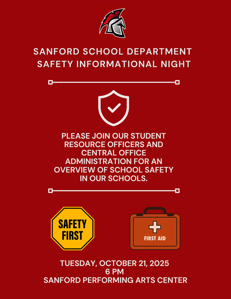 Join us for our Safety Informational Night on Tuesday, October 21, 2025, at 6 PM at the Sanford Performing Arts Center! 🏫🛡️ Our Student Resource Officers and Central Office Administration will provide an important overview of school safety measures and protocols in place to protect our students.
