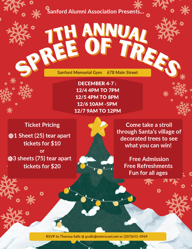 🎄✨ The 7th Annual Spree of Trees starts TODAY! ✨🎄 Join us at Sanford Memorial Gym (678 Main Street) for this beloved holiday tradition! Stroll through Santa's village of beautifully decorated trees and enter to win amazing prizes! 🎁 Event Schedule: Today (12/4) 4PM-7PM, Tomorrow (12/5) 4PM-8PM, Friday (12/6) 10AM-5PM, and Saturday (12/7) 9AM-12PM 📢 Community Organizations: Do you have an event to share? Post it on our Community Announcements page so everyone can stay connected to what's happening in Sanford! Submit your materials at the following link: https://www.sanford.org/page/community-announcements