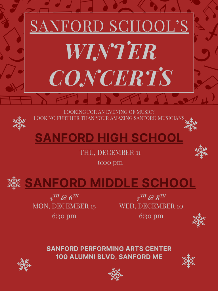Reminder! Sanford Middle School's 5th and 6th Grade winter concert is tonight at 6:30 pm in the Performing Arts Center!