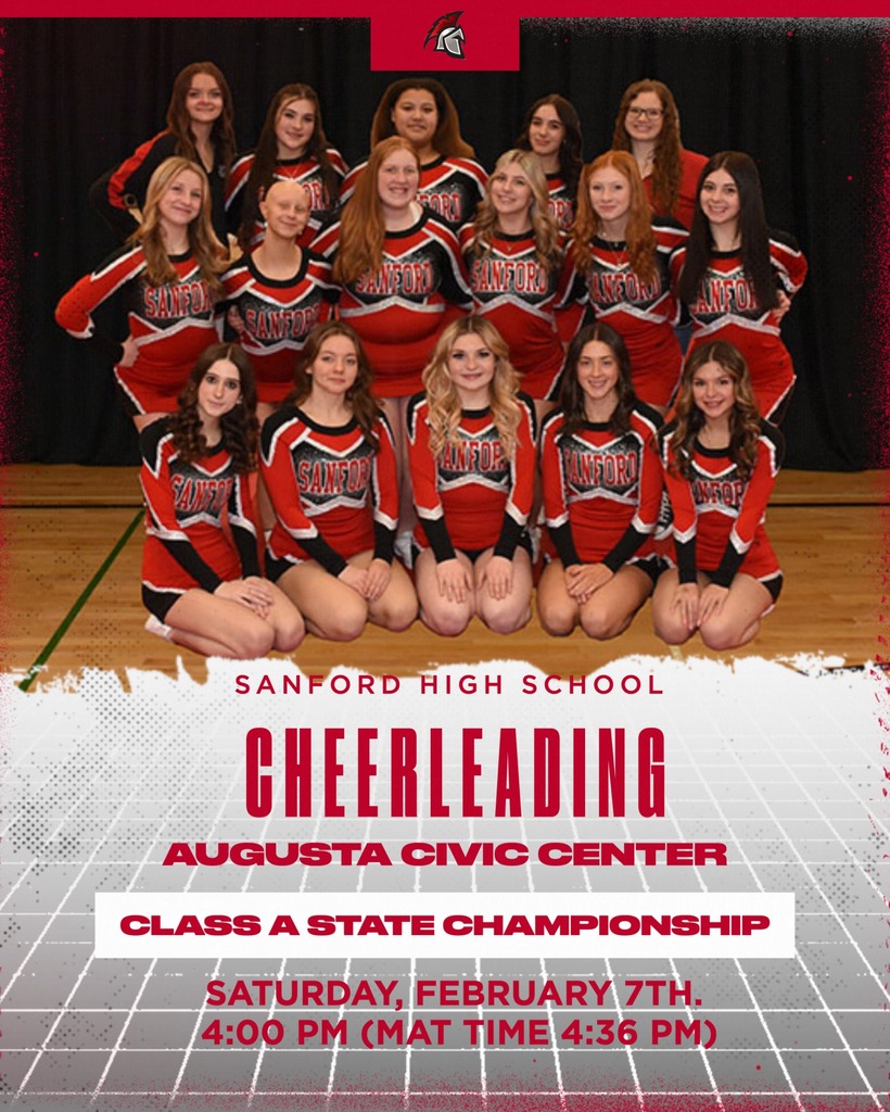We have three teams competing this weekend as postseason play gets underway. Here's where you can catch our student-athletes in action: Cheerleading - Class A State Championship Saturday at Augusta Civic Center Competition starts at 4:00 pm (Sanford takes the mat at approximately 4:36 pm) Tickets: GoFan.co Wrestling - Class A South Regional Championship Saturday at Noble High School Competition starts at 9:00 am Tickets: GoFan.co Track & Field - SMAA Championship Saturday at USM Fieldhouse, Gorham Competition starts at 10:00 am Over 30 Sanford athletes qualified to compete! Tickets: Available at the door Good luck to all our Spartan athletes this weekend!