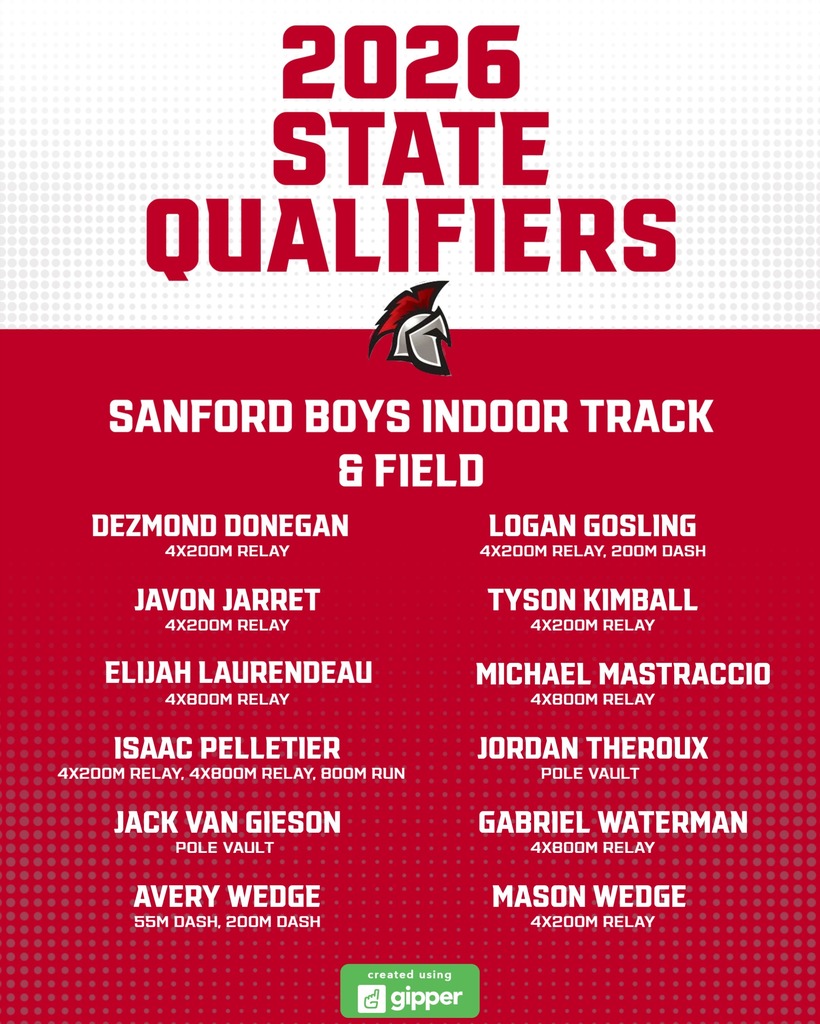 What an incredible winter season for Sanford Athletics! Our wrestling team has qualified 7 wrestlers to compete in the Class A State Championship on Saturday, February 14th at 10:00 AM at Cony High School. We will also have Kylee Hunt compete in the Girls State Championship on Tuesday, February 17th at 10:00 AM at Belfast High School. Our Boys Basketball team has completed the regular season 17-1, finishing as the #2 seed in Class A South! They will play #10 Bonny Eagle on Saturday, February 14th at 2:45 PM at the Portland Expo. Our Boys & Girls Track & Field team has 23 student-athletes qualify to compete in the State Championship Meet on Monday, February 16th at 12:00 PM at the USM Field House in Gorham. Our Girls Basketball team has completed the regular season 16-2, finishing as the #2 seed in Class A South! They will play #7 Thornton Academy on Tuesday, February 17th at 2:45 PM at the Portland Expo. Tickets for all events can be purchased at the door or online at GoFan.co. Let's pack the stands and show our Spartans some love! 💙💛 #SanfordPride #GoSpartans