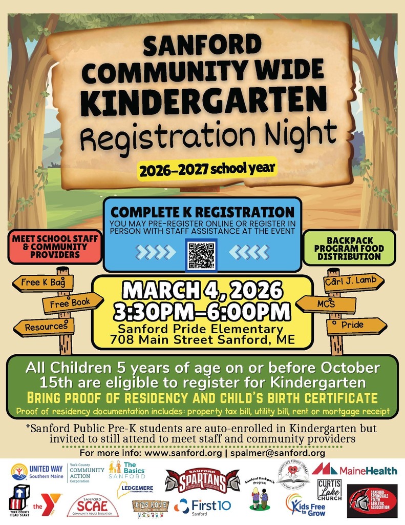 Come join us at Sanford Community Wide Kindergarten Registration Night on March 4th from 3:30–6:00 PM at Sanford Pride Elementary (708 Main Street). It's a great chance to meet school staff and community providers, pick up a free book and K bag, and get your child registered for the 2026–2027 school year — all in one place! ✅ Kids must turn 5 on or before October 15th to be eligible ✅ Bring proof of residency (utility bill, tax bill, rent/mortgage receipt) and your child's birth certificate ✅ Can't make it in person? You can also pre-register online at www.sanford.org