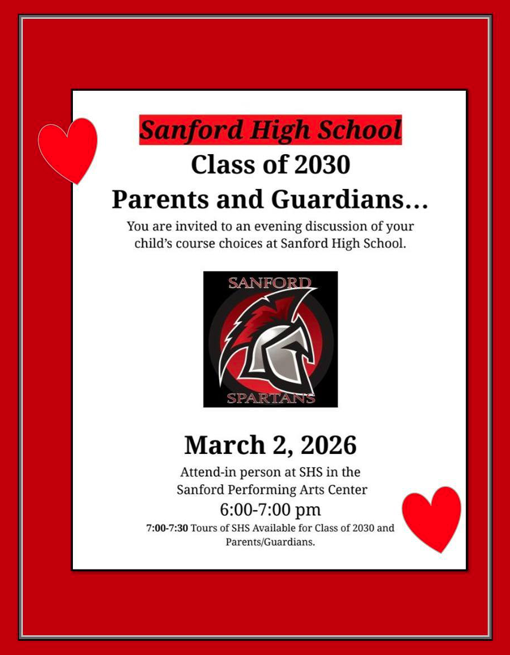 8th grade families and students, freshman info night is tonight at the high school, it starts promptly at 6p. At the conclusion of the discussion at 7p, there will be tours available to families until 7:30p.