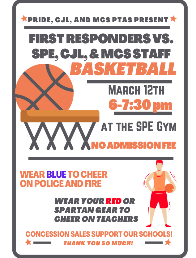 Tonight we have our First Responders vs. SPE, CJL & MCS Staff basketball game at Sanford Pride Elementary! Come cheer on our teachers and your local police and fire fighters!  📅 March 12th | 6–7:30 PM 📍 SPE Gym 🎟️ No admission fee!