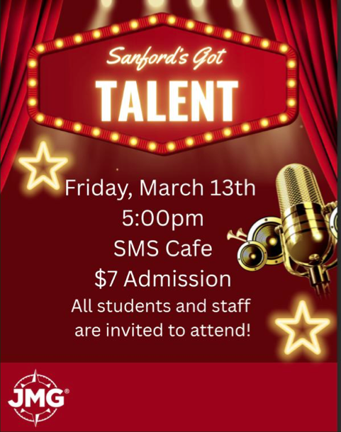 🌟 Sanford's Got Talent is TONIGHT! 🌟 Come out and support our amazing students and staff as they show off what they've got! 🎤✨ Join us this Friday, March 13th at 5:00pm in the cafe at Sanford Middle School. Admission is just $7 and all students and staff are welcome. See you there!