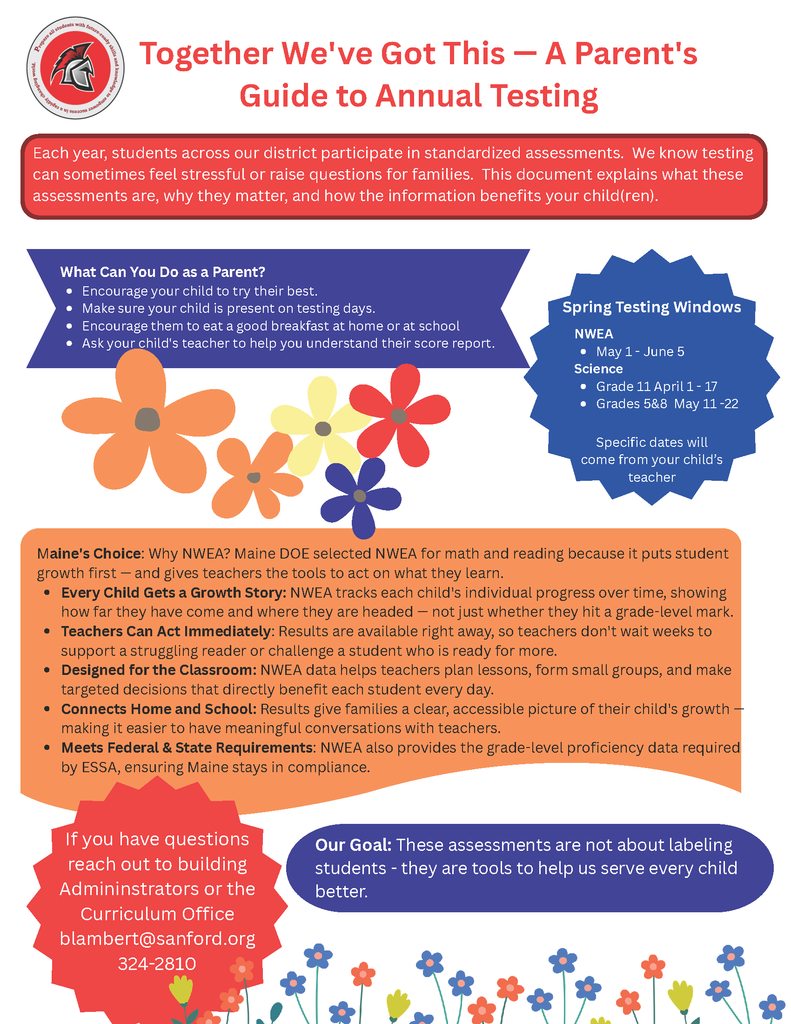Spring Assessment Season Is Here — What Every Family Should Know  Each year, students across our district participate in standardized assessments. We know testing can raise questions, so we want to make sure you have all the information you need.  ---  📅 SPRING TESTING WINDOWS  NWEA (Math & Reading) • May 1 – June 5  Science • Grade 11: April 1–17 • Grades 5 & 8: May 11–22  Specific dates will come directly from your child's teacher.
