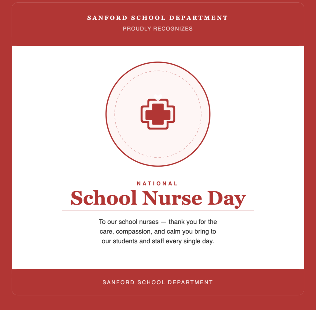 Happy National School Nurse Day! Our school nurses are quiet heroes — ready every day to heal a scrape, ease a worry, and make sure every student feels safe and cared for. Your dedication to the health and well-being of our Sanford community means everything. Thank you!