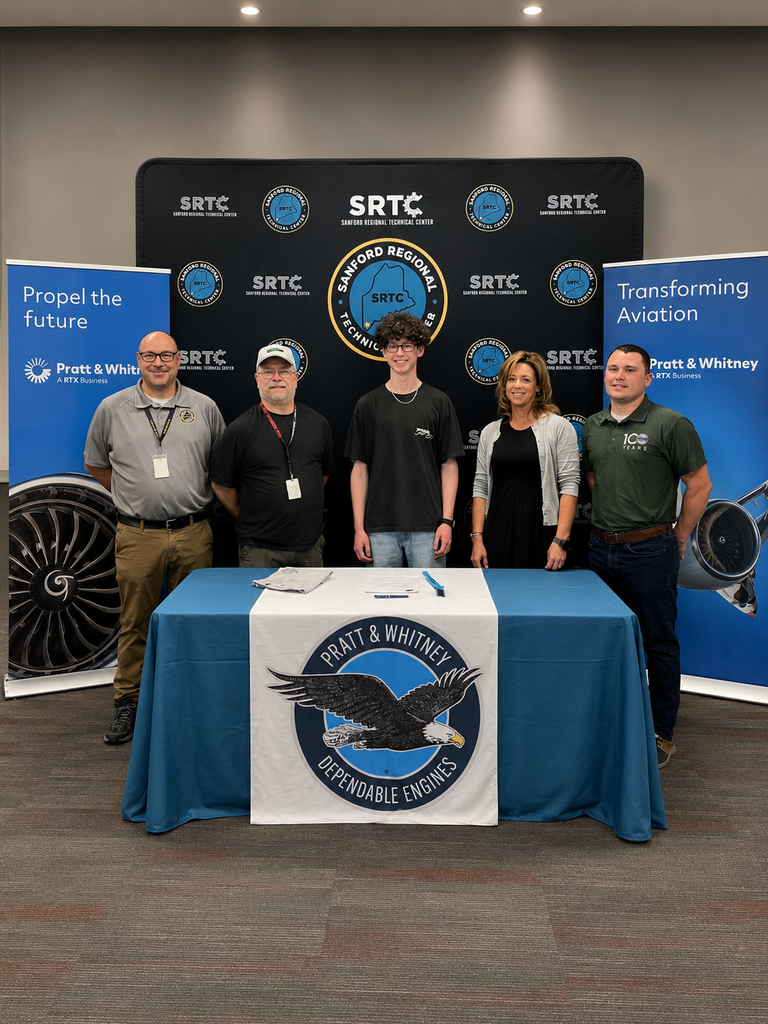 Congratulations to SRTC student Brayden St. Onge, who recently accepted a one-year apprenticeship opportunity with Pratt & Whitney during a special signing event at Sanford Regional Technical Center! Brayden, a student in the Precision Machining program, will begin his professional career with Pratt & Whitney in North Berwick this September