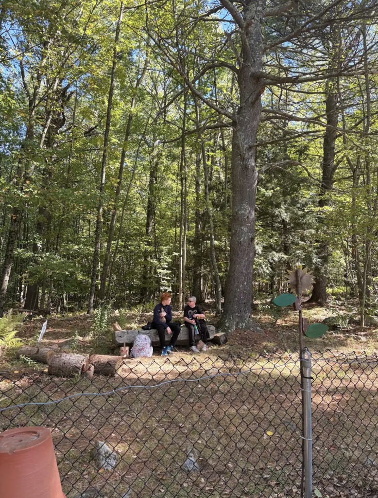 Two students sit and chat.