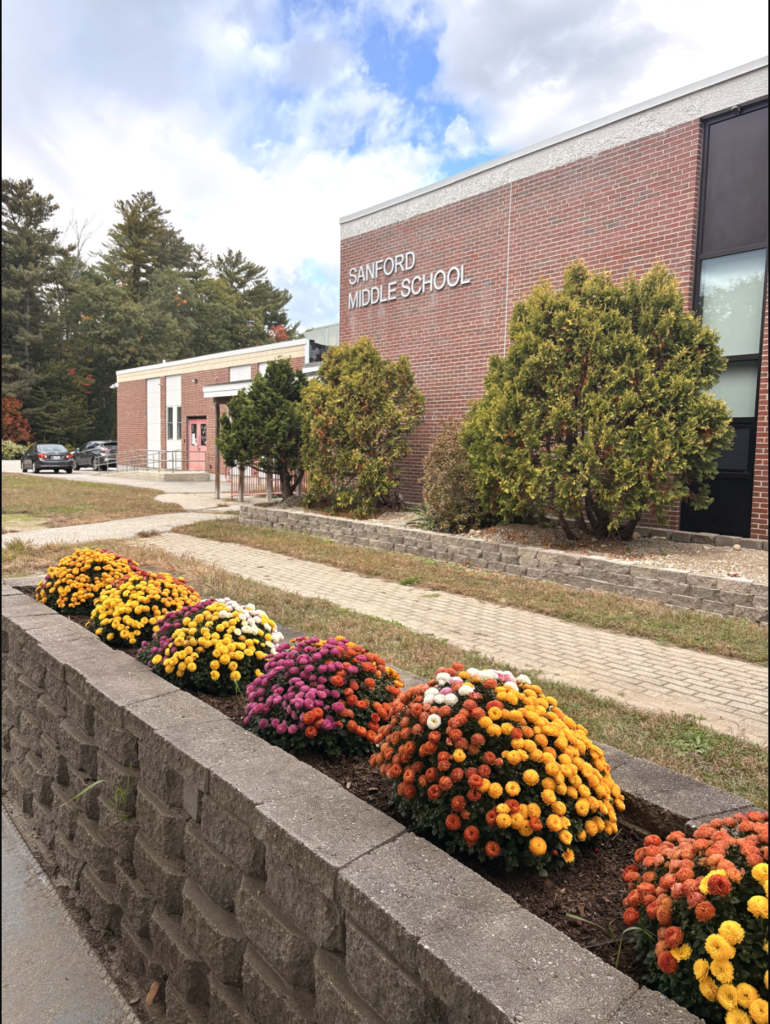 Colorful flowers grow in the flower beds outside Sanford Middle School's campus.