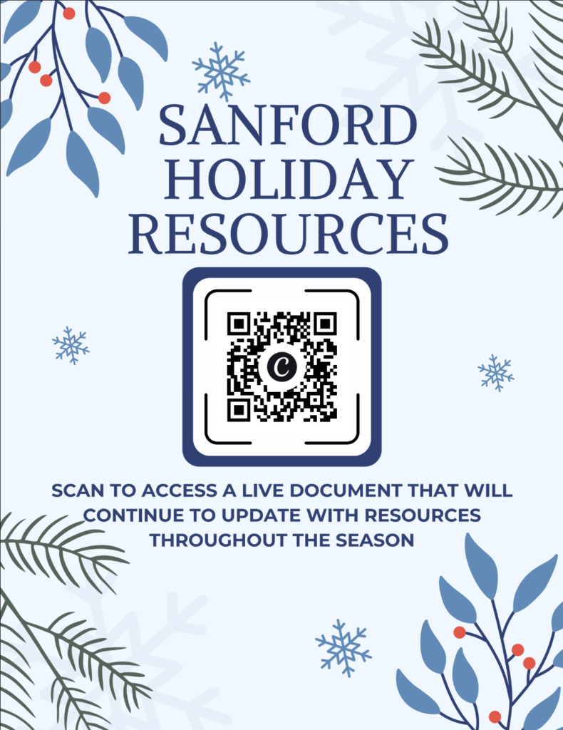 Sanford Holiday Resources with a QR code.