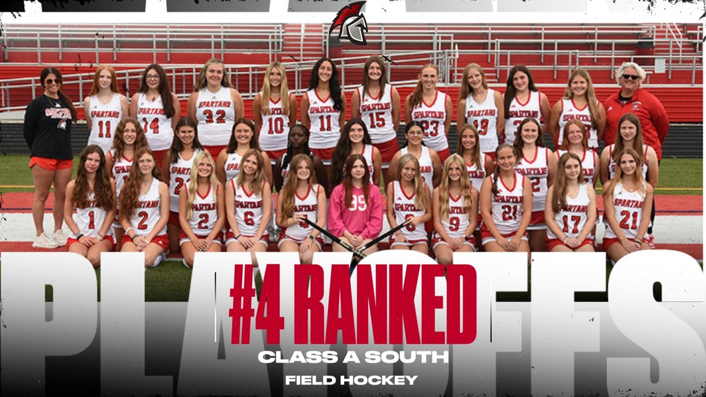 Poster of girls' field hockey team posing in uniform, Playoffs #4 Ranked Class A South Field Hockey