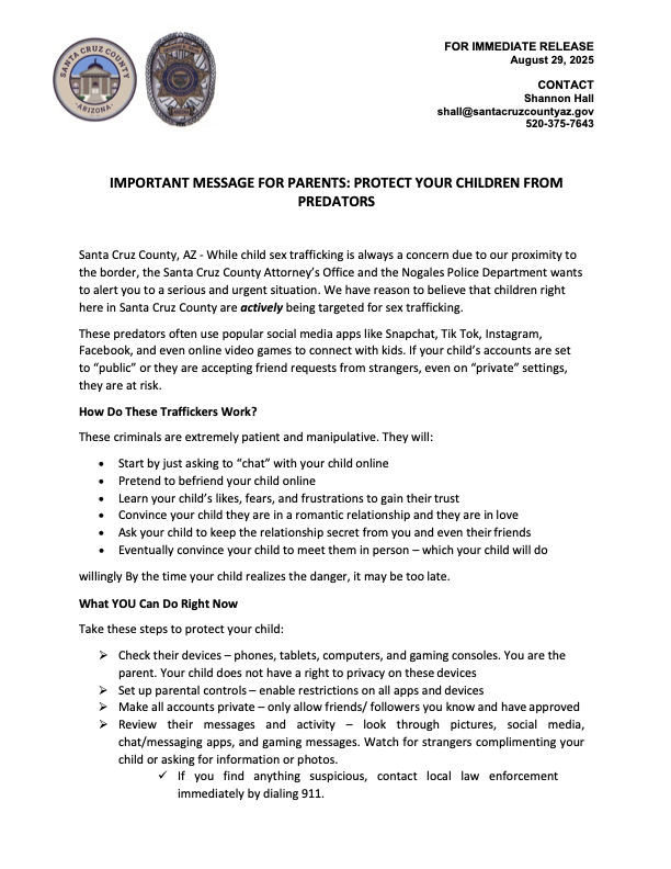 IMPORTANT MESSAGE FOR PARENTS: PROTECT YOUR CHILDREN FROM PREDATORS PRESS RELEASE FROM SANTA CRUZ COUNTY
