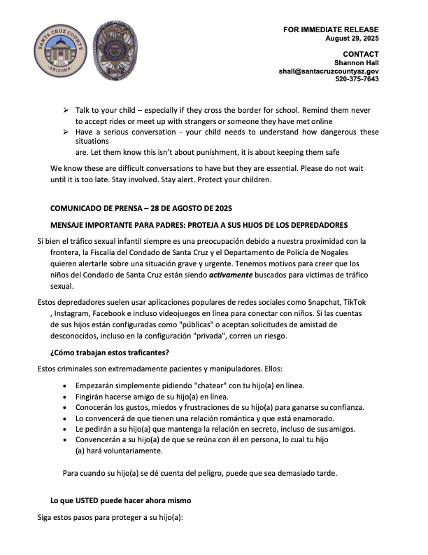 IMPORTANT MESSAGE FOR PARENTS: PROTECT YOUR CHILDREN FROM PREDATORS PRESS RELEASE FROM SANTA CRUZ COUNTY