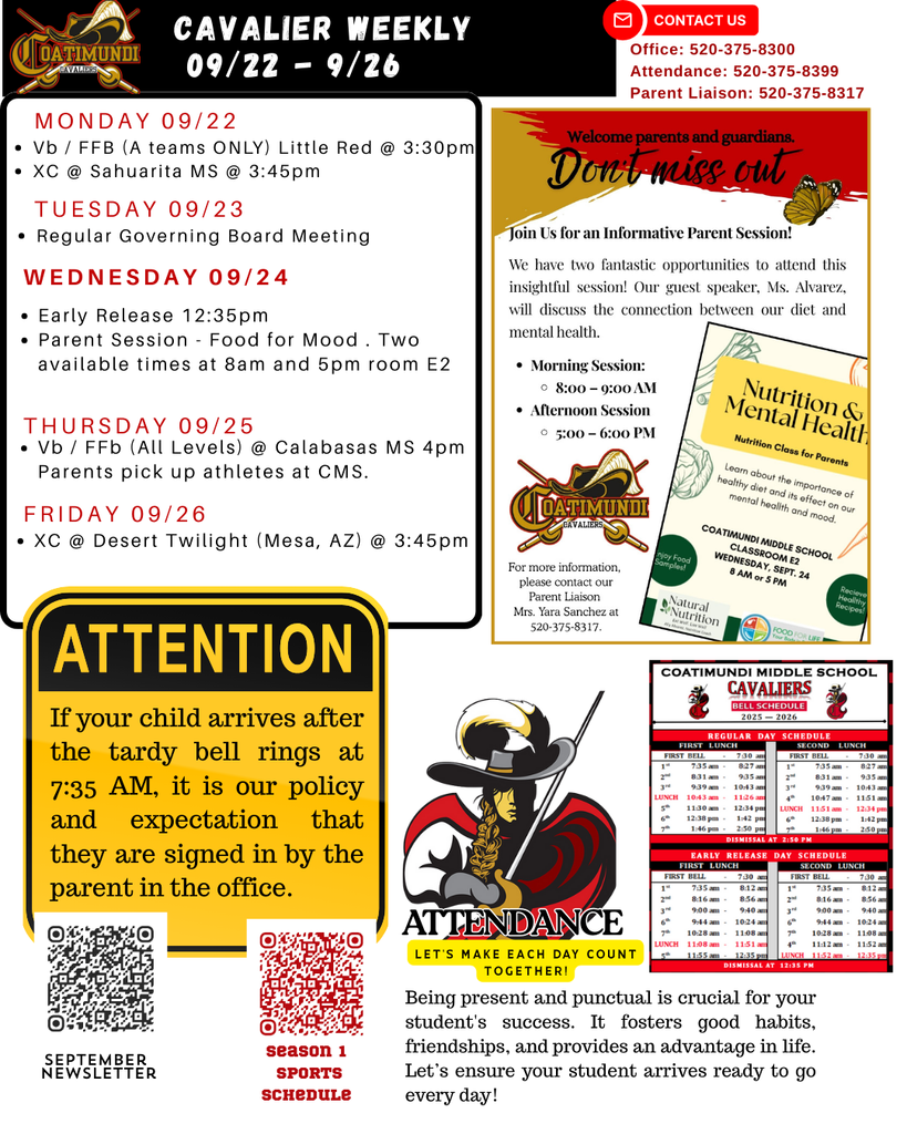 cavilier week at a glance with sports dates and parent nutrition session. 