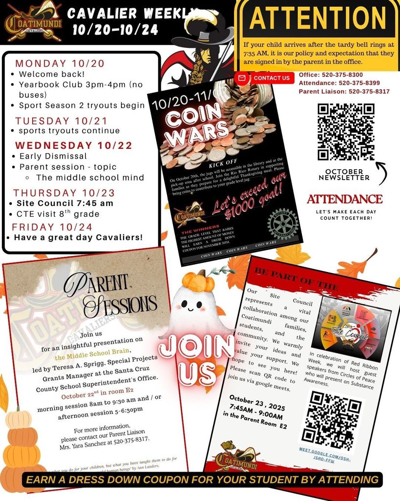 Cavalier week at a glance - site council and parent meeting.