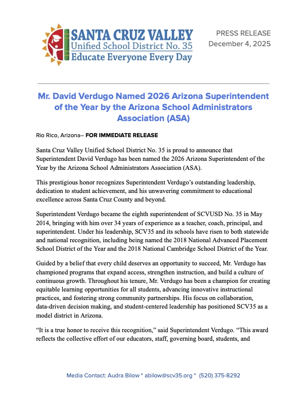 Superintendent Verdugo named AZ Superintendent of the Year by ASA