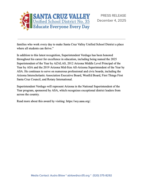 Superintendent Verdugo named AZ Superintendent of the Year by ASA