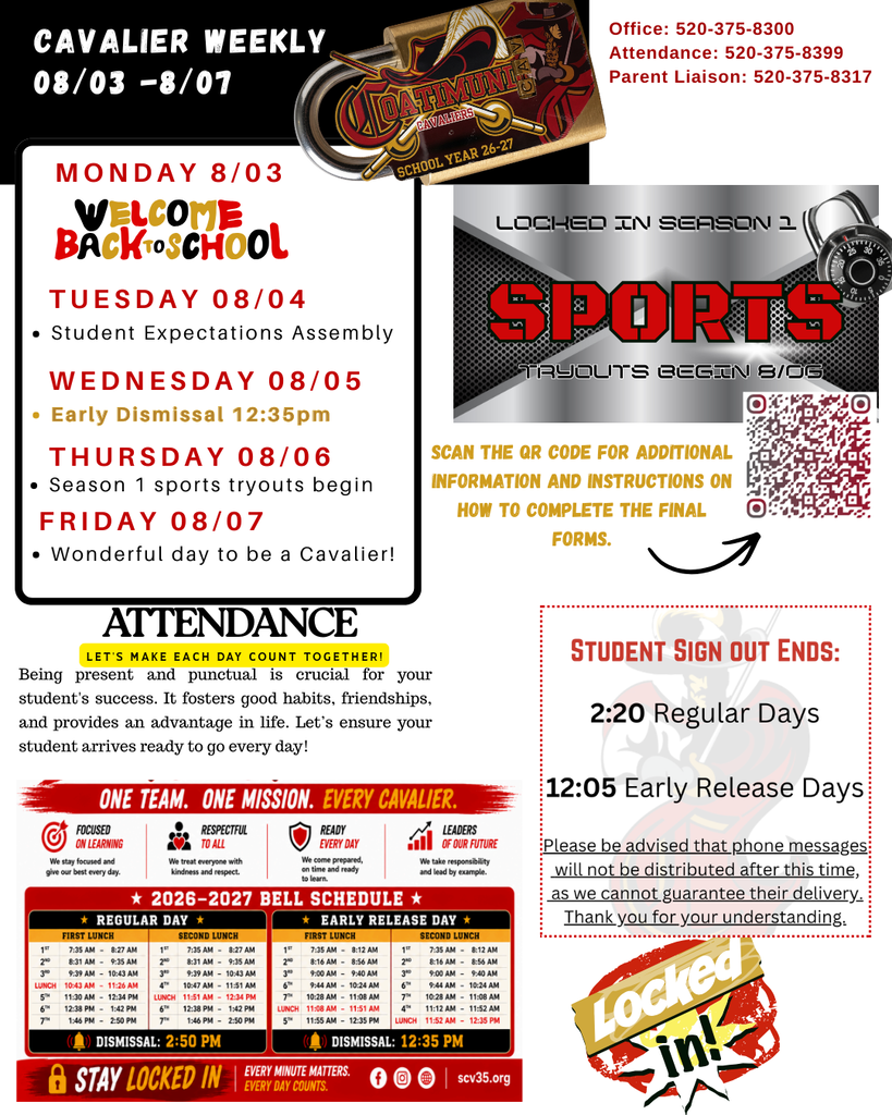 cav week at a glance first week with reminders and bell schedule