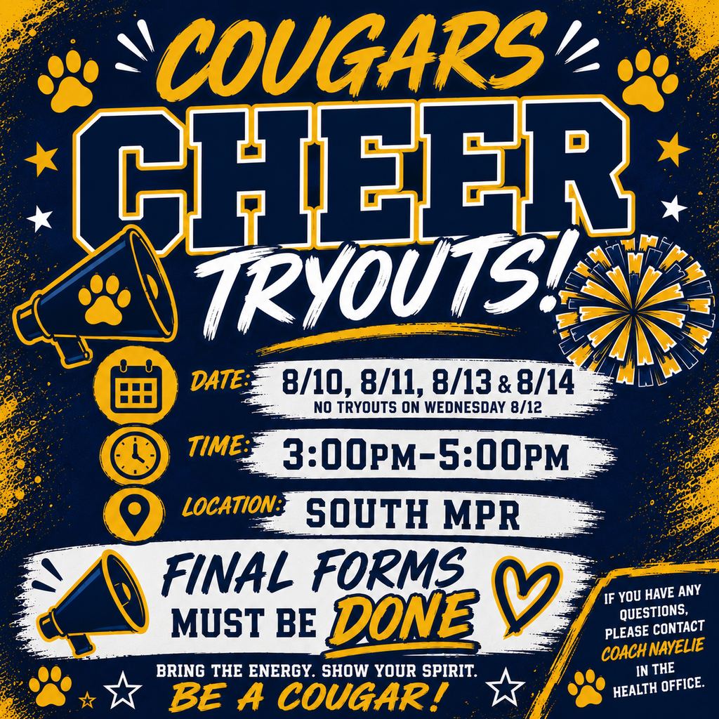 Cheerleading tryouts! August 10, 11, 13 and 14! 