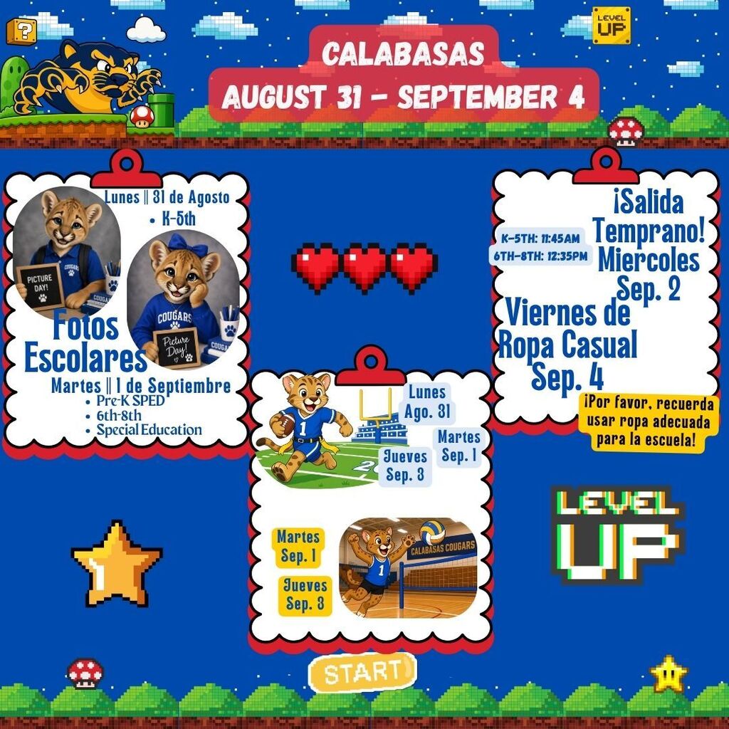  Aquí tienes el recordatorio de todos los eventos escolares para la semana del 31 de agosto al 4 de septiembre