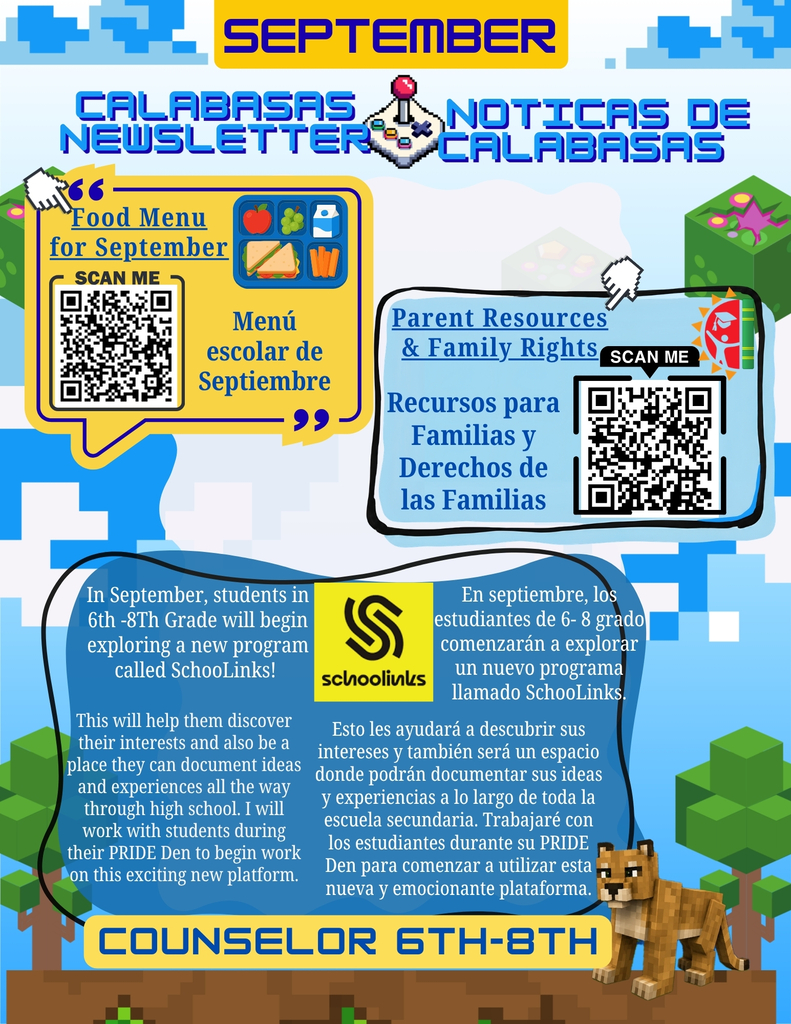 Food menu of september, link and QR code attached! Parent Resources and Family rights, attached is link and QR code! POsts from Counselor6-8. Explain what school links is and how they'll get to explore this new program