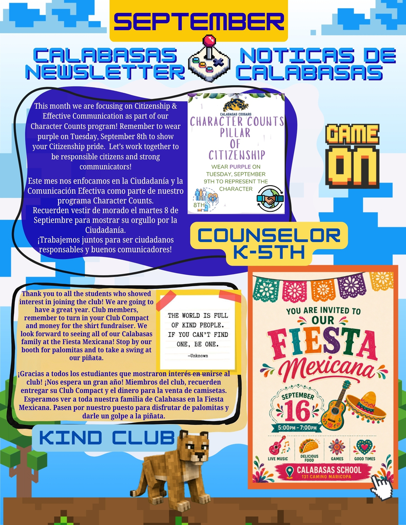 counselorK-5 writes we are starting the character counts pillars this month! Color is purple for Citizenship. Kind club gives thanks and explain abit of what who they are. Fiesta mexicana is September 16 and gives details.